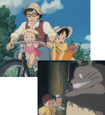 A collage of 2 images one with father and 2 childern and the other with totoro and 2 children